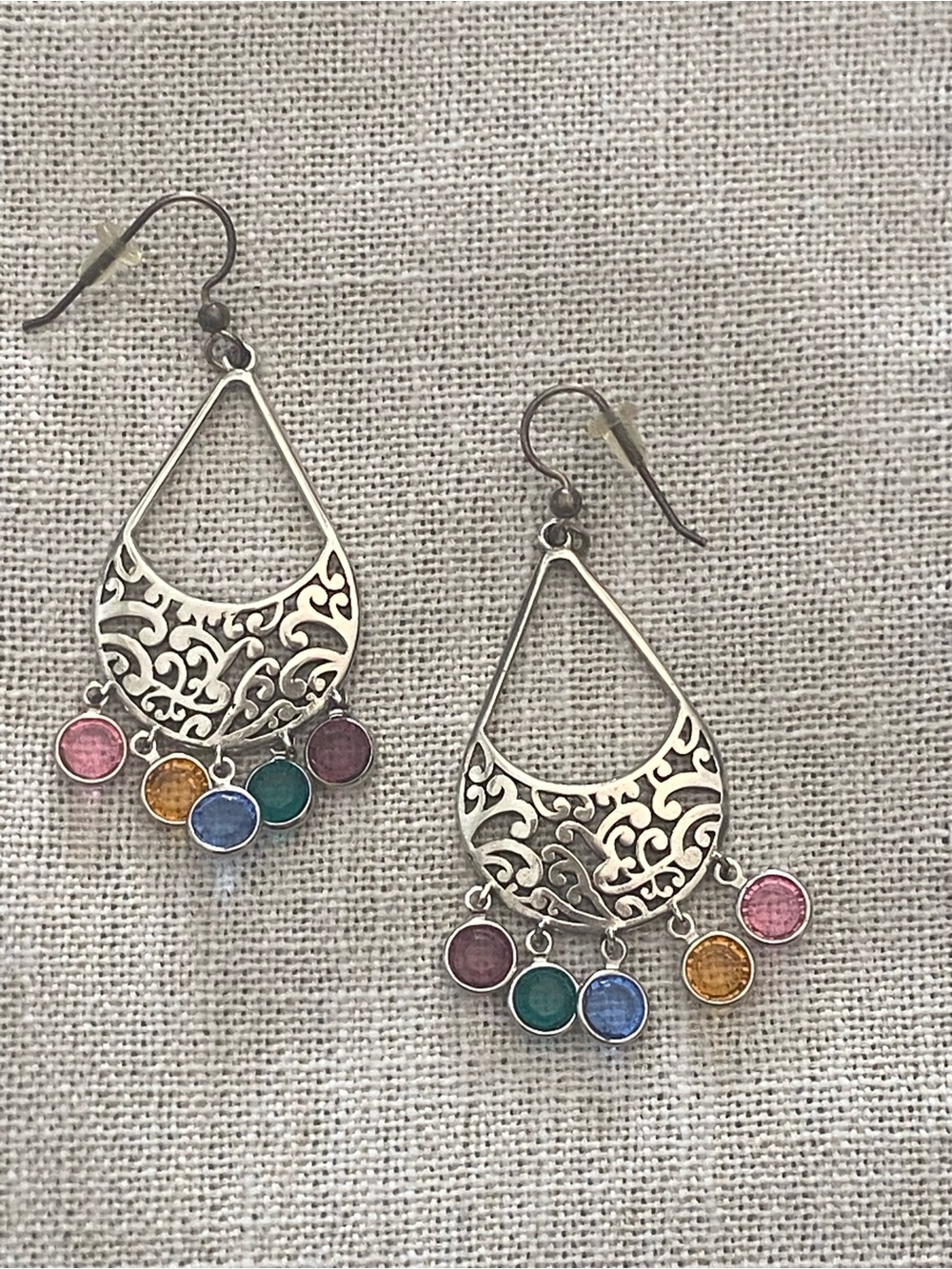 Silver Filigree Drop Earrings with Multicolor Stones